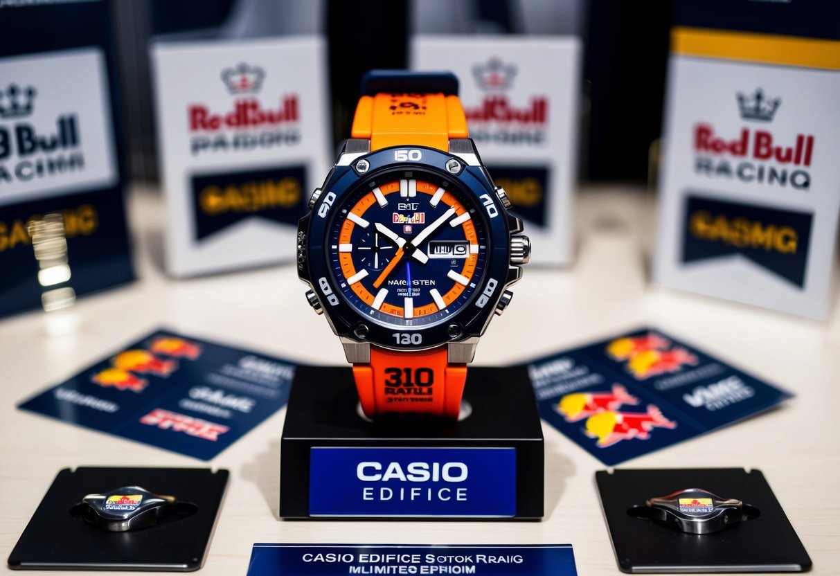 A sleek Casio Edifice Red Bull Racing Limited Edition watch displayed on a stand surrounded by promotional materials