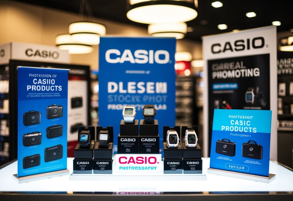 A display of Casio products with promotional banners and signs