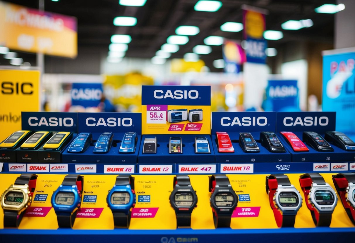 A vibrant display of Casio products with promotional signs and banners