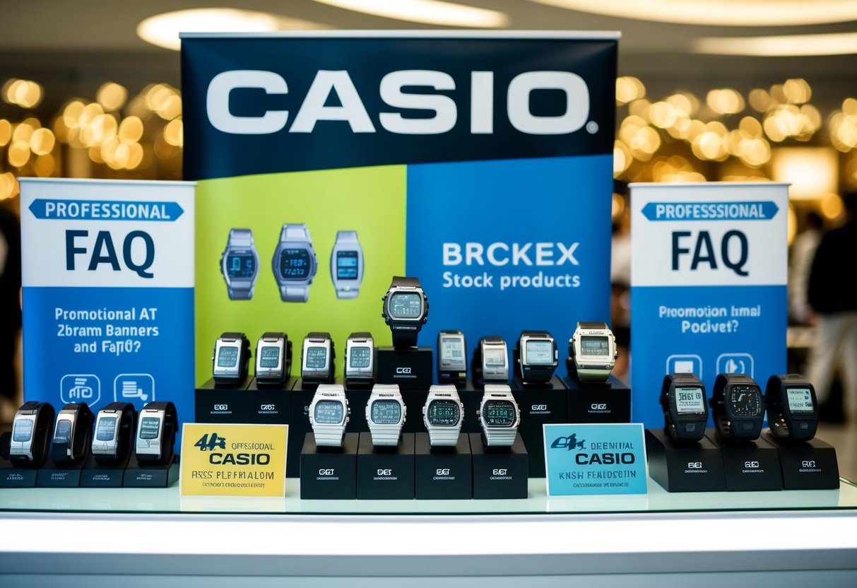A display of Casio products with promotional banners and FAQ signs