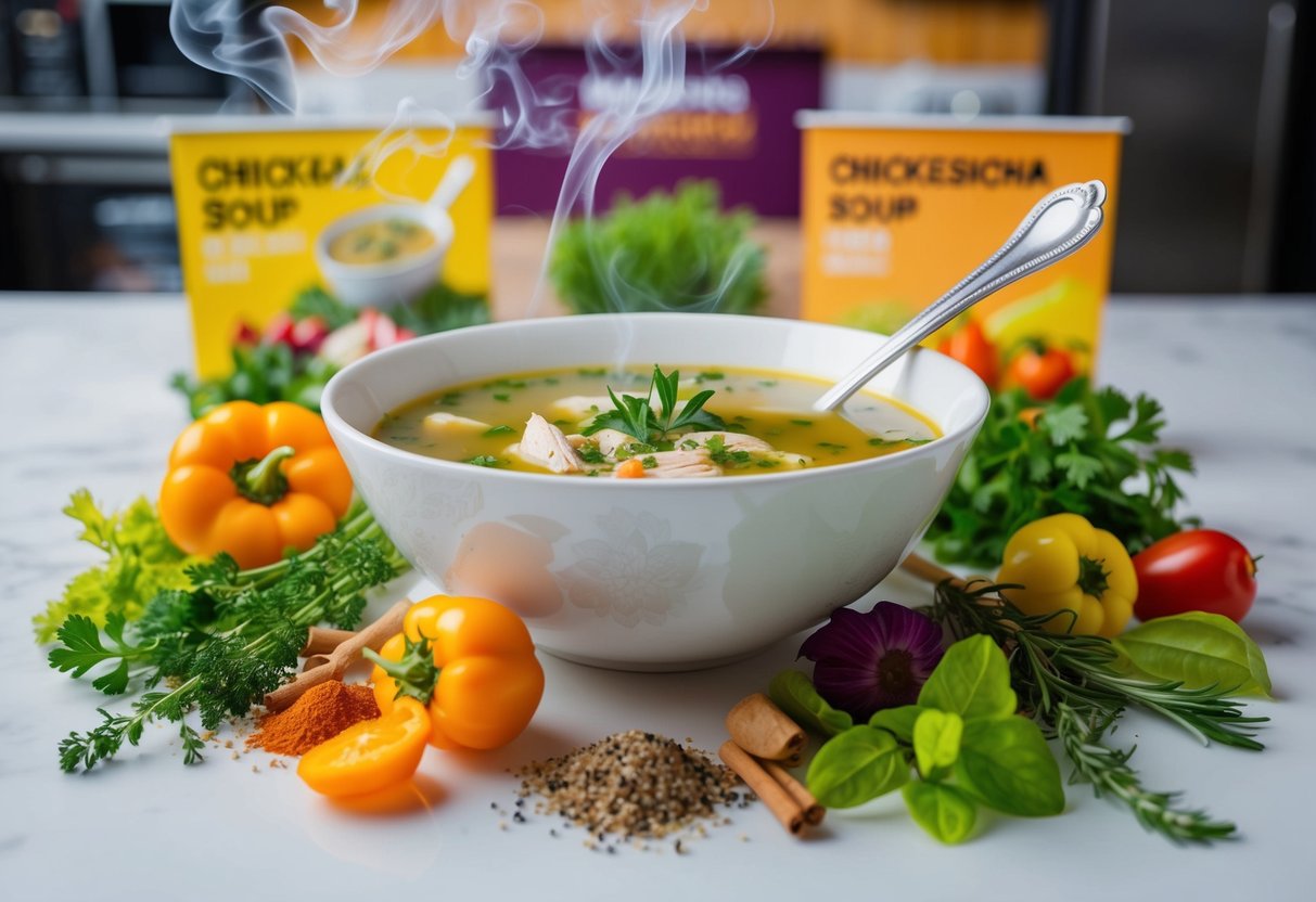 A steaming bowl of chicken soup surrounded by vibrant herbs and spices, with a promotional banner in the background