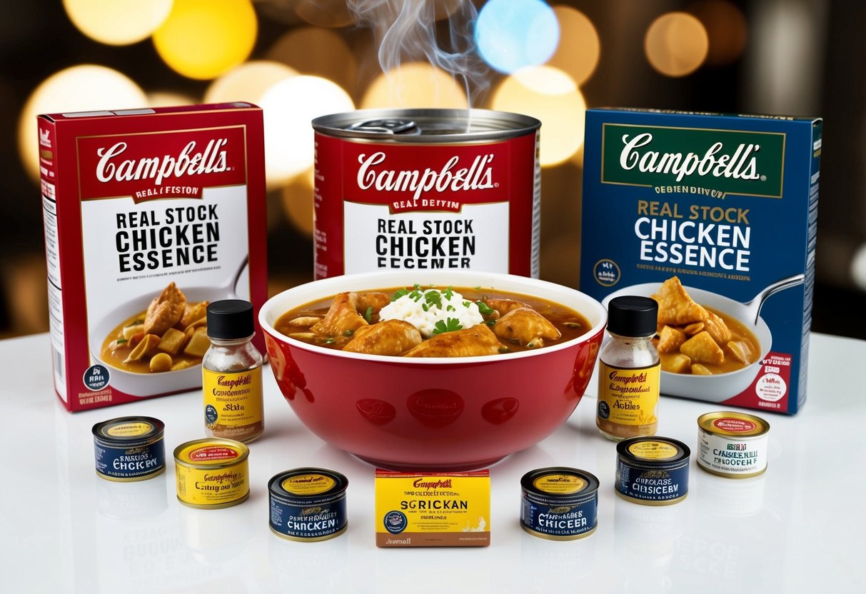 A steaming bowl of Campbell's Real Stock Chicken Essence surrounded by promotional signage and product samples