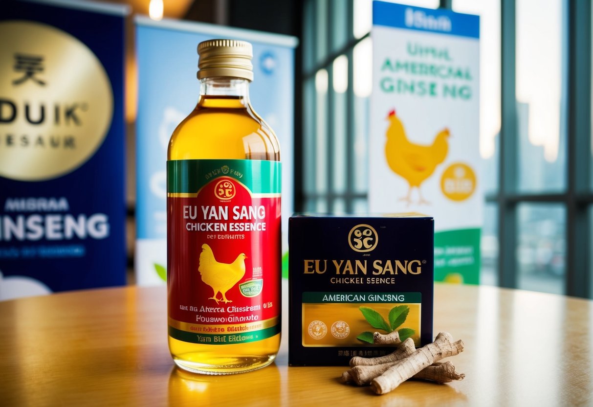 A bottle of Eu Yan Sang Chicken Essence With American Ginseng displayed next to promotional banners and signs