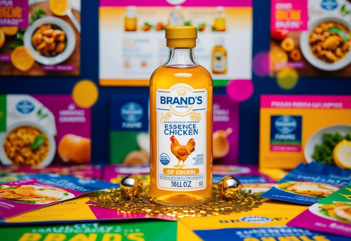 A bottle of BRAND'S Essence of Chicken surrounded by vibrant promotional materials and imagery