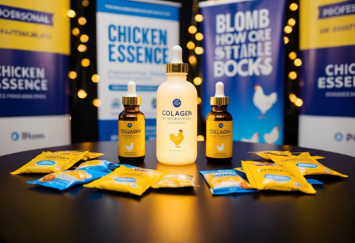 A table with glowing collagen essence bottles and chicken essence packets, surrounded by promotional banners and signs