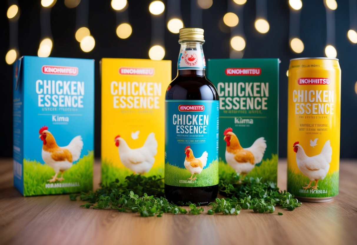 A bottle of Kinohimitsu Chicken Essence Drink surrounded by promotional materials and imagery of healthy, energetic chickens