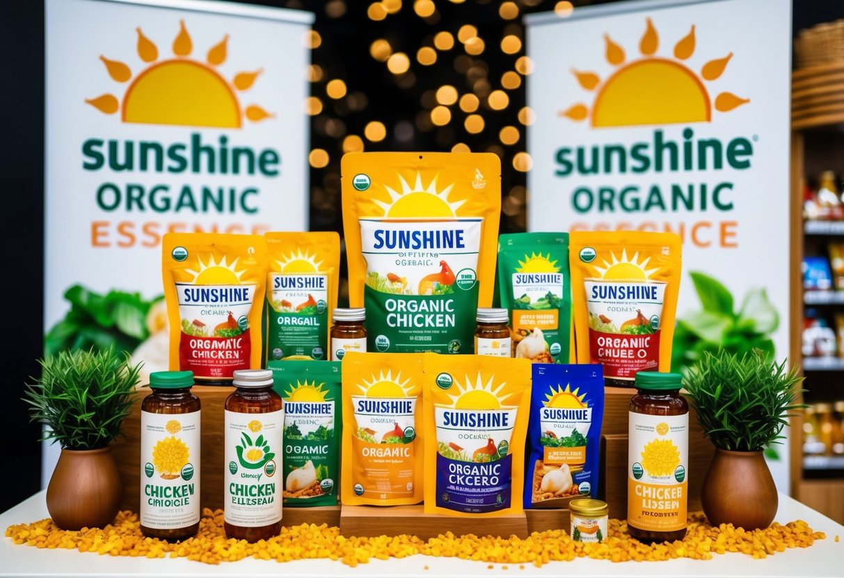 A vibrant display of Sunshine Organic Chicken Essence with promotional banners and product samples