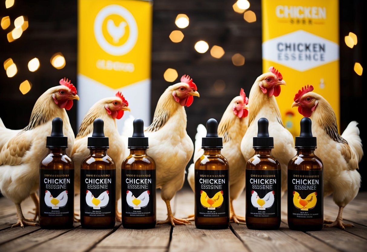 A group of chickens surrounded by bottles of chicken essence, with promotional banners and logos displayed nearby