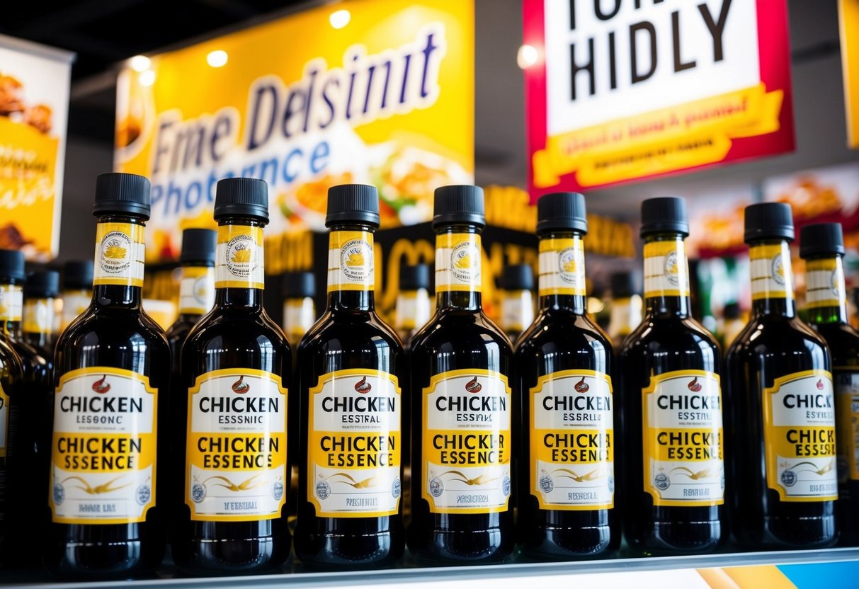 A vibrant display of chicken essence bottles with bold labels, surrounded by eye-catching promotional signs and banners