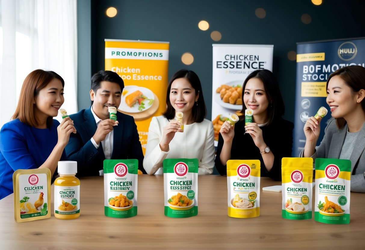 A group of people tasting and reviewing different chicken essence products, with promotional banners and packaging displayed nearby