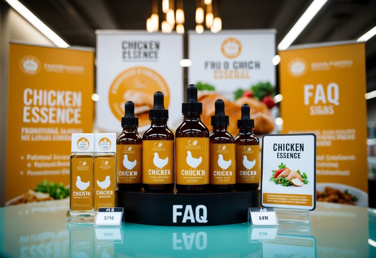 A display of chicken essence bottles with promotional banners and FAQ signs