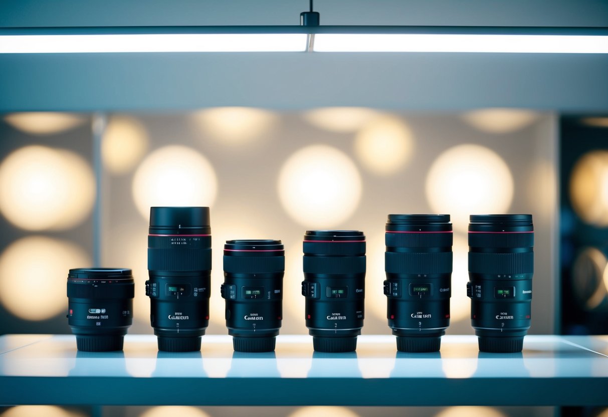 A display of Canon lenses on a sleek, modern table with bright spotlighting