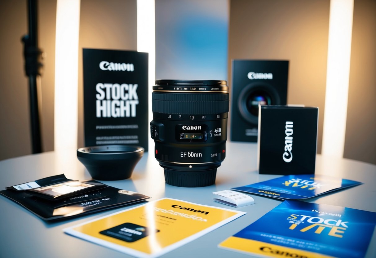 A Canon EF 50mm f/1.8 STM lens surrounded by promotional materials in a well-lit studio setting