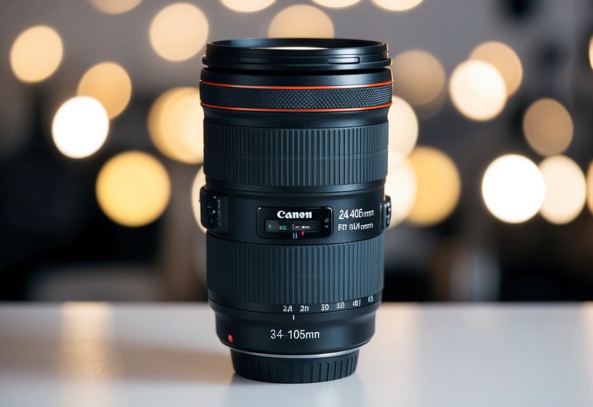 A close-up of the Canon RF 24-105mm f/4-7.1 IS STM Lens with soft lighting and a blurred background to highlight the details of the lens