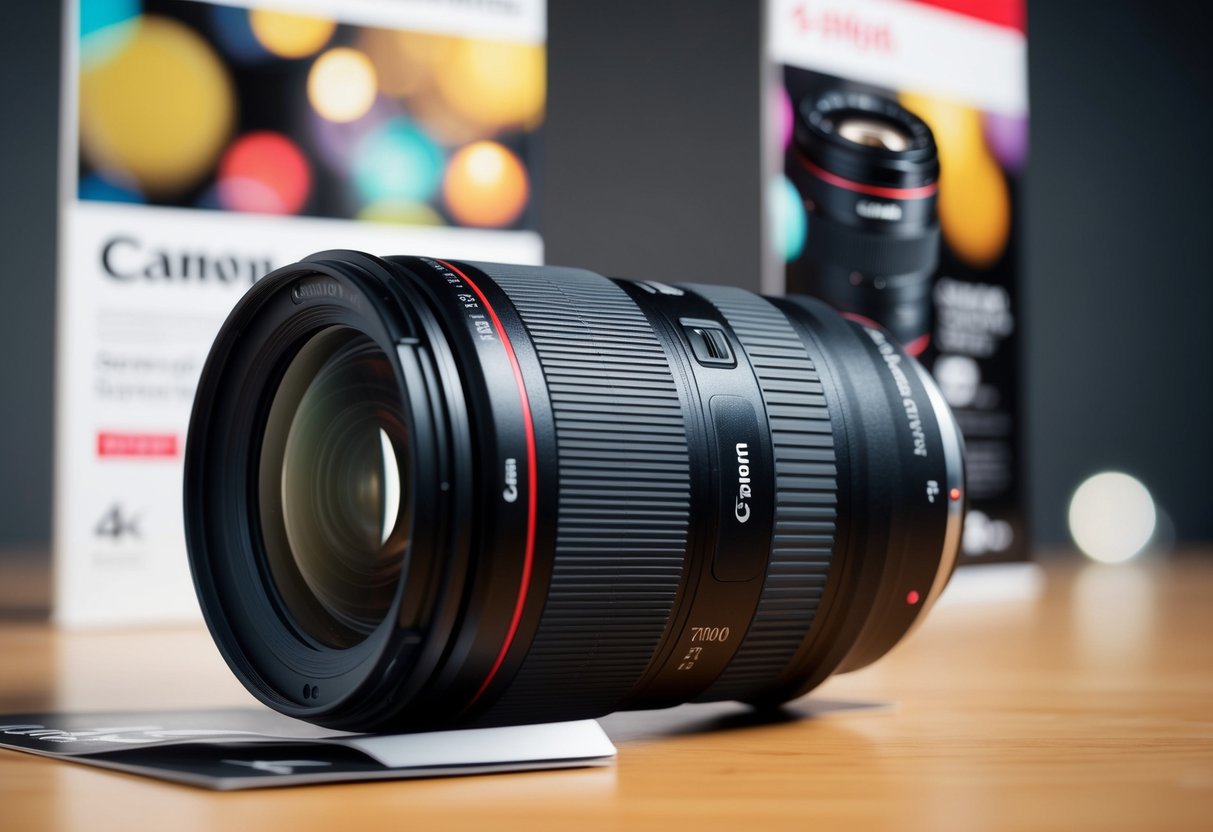 A close-up of a Canon EF 70-300mm f/4-5.6 IS II USM Lens with promotional materials in the background