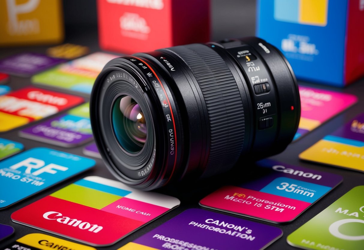 A close-up of the Canon RF 35mm f/1.8 Macro IS STM lens surrounded by vibrant promotional elements