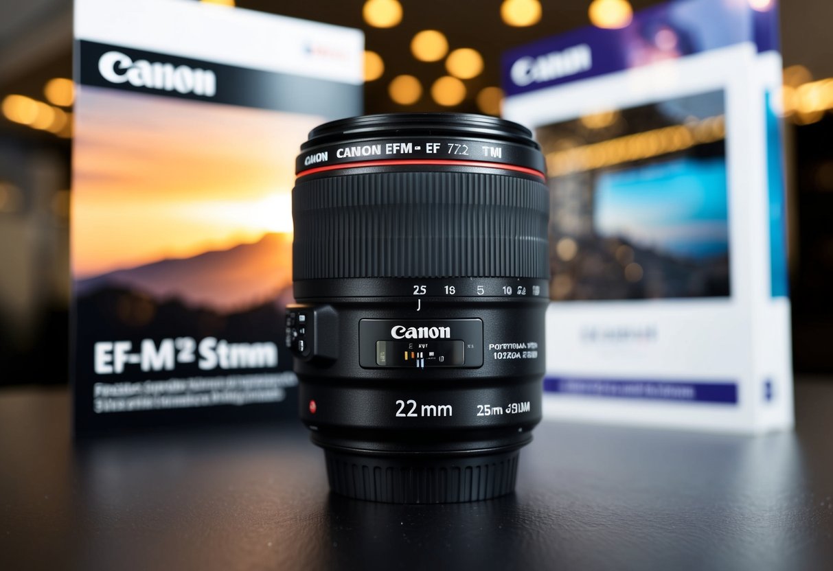 A close-up of a Canon EF-M 22mm f/2 STM lens with promotional materials in the background