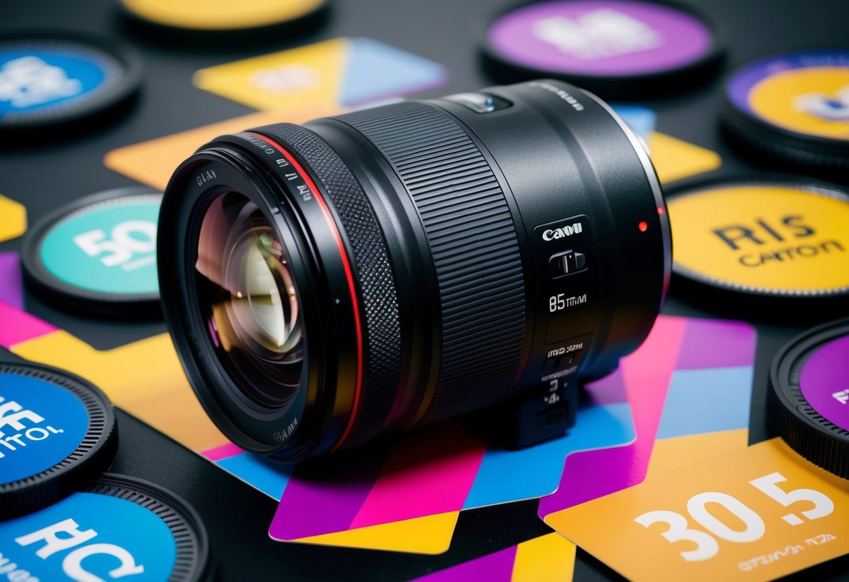 A close-up of the Canon RF 85mm f/2 Macro IS STM lens surrounded by vibrant promotional elements