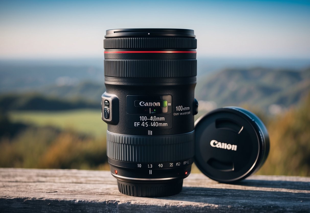 A close-up of the Canon EF 100-400mm f/4.5-5.6L IS II USM lens with a blurred background of a scenic landscape