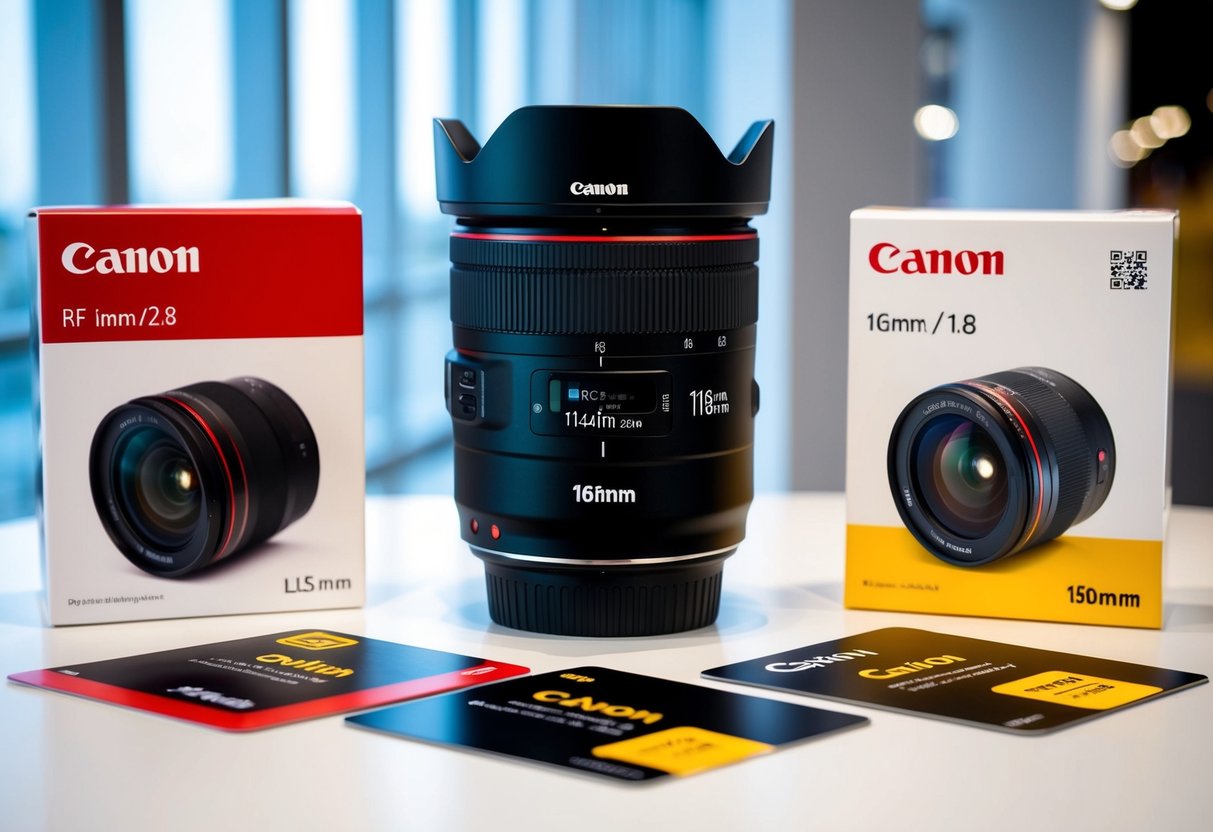 A Canon RF 16mm f/2.8 STM lens surrounded by promotional materials and displayed in a bright, modern setting
