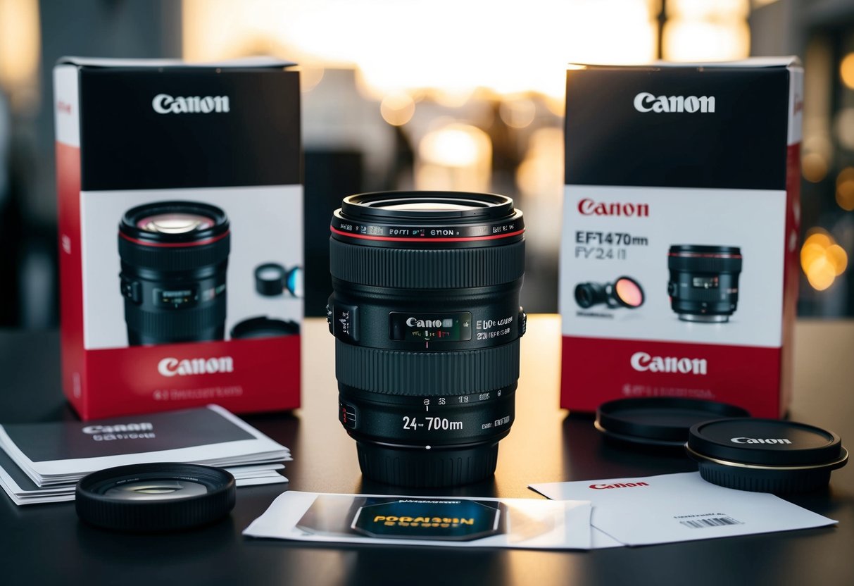 A Canon EF 24-70mm f/2.8L II USM lens surrounded by promotional materials and accessories