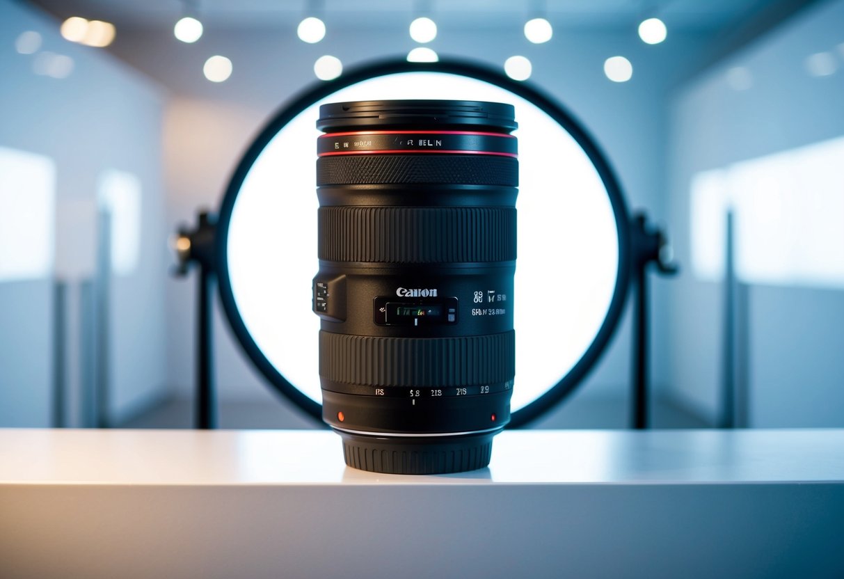 A close-up of the Canon RF 28-70mm f/2L USM lens with vibrant lighting and a clean, modern backdrop
