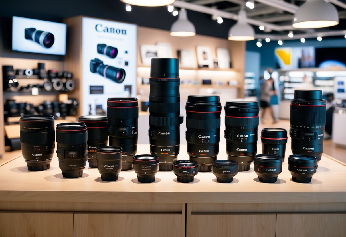 A diverse range of Canon lenses displayed with promotional materials in a well-lit and modern retail setting