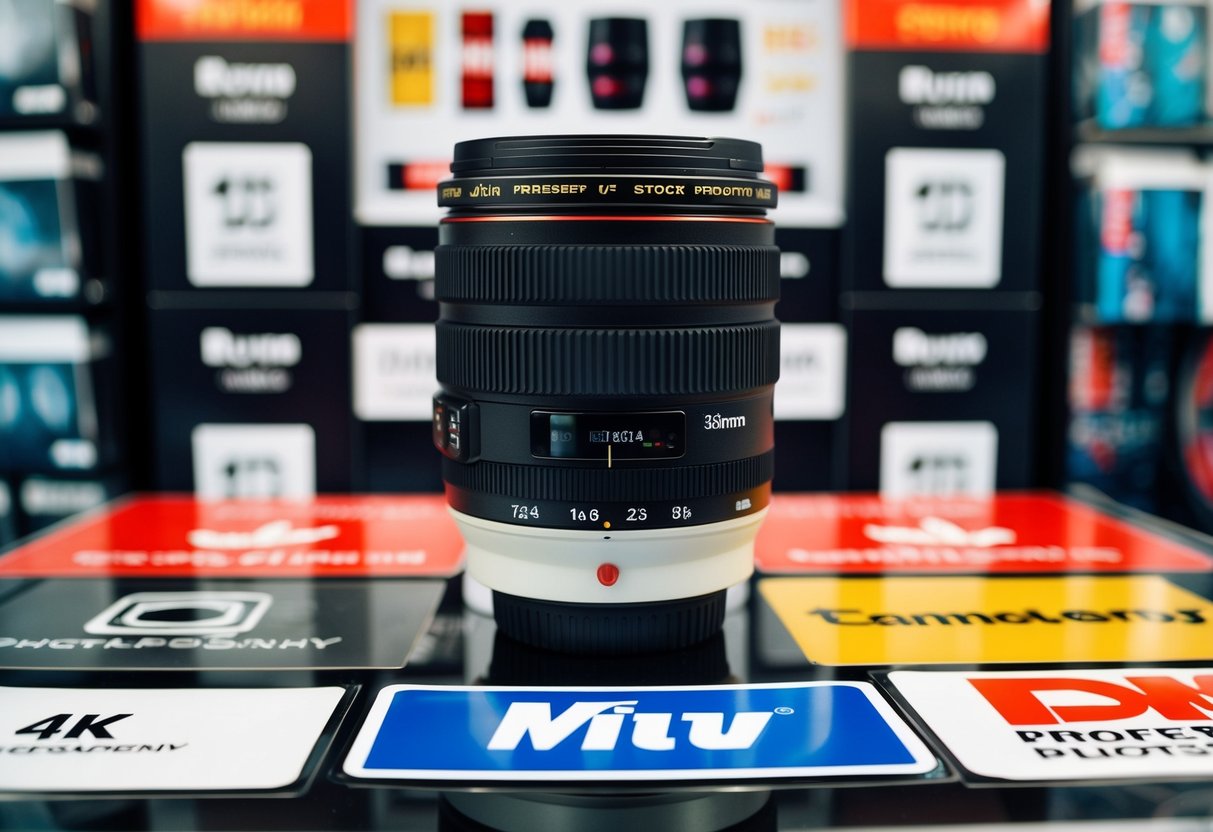 A camera lens surrounded by promotional signs and stickers in a store display