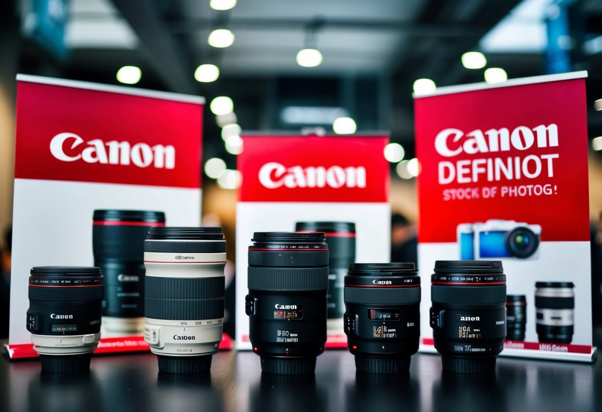 A table displaying various Canon camera lenses with promotional signage
