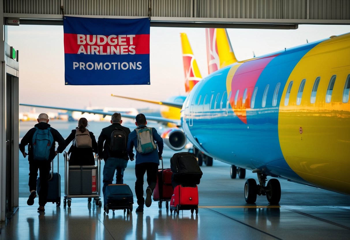 Passengers rushing towards a brightly colored airplane with a "budget airlines promotions" banner hanging from the boarding gate. Luggage carts and planes in the background