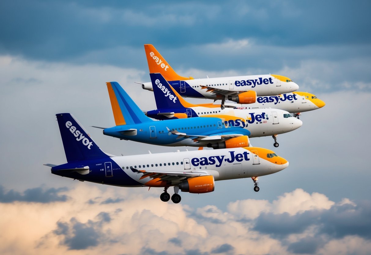 A colorful array of airplanes flying in the sky, with the EasyJet logo prominently displayed on their tails