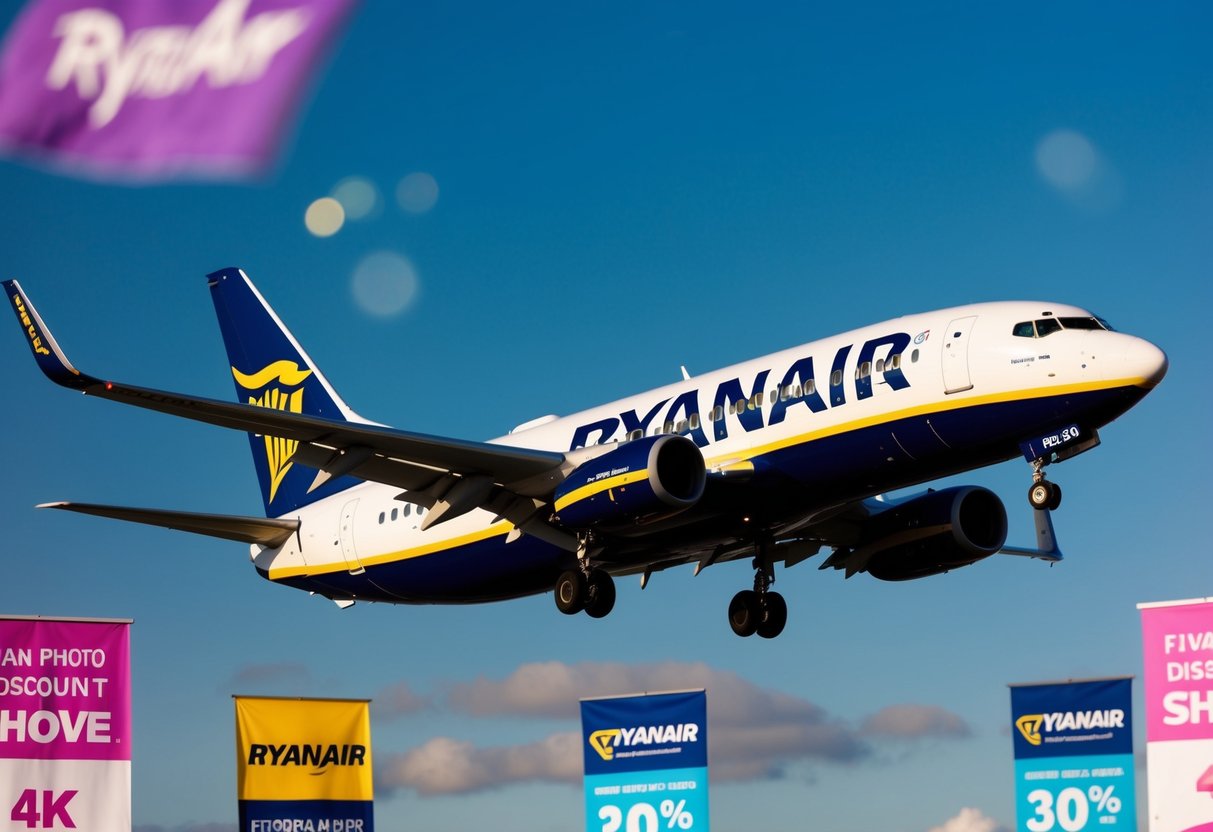 An airplane flying through a clear blue sky, with a prominent Ryanair logo on the side, surrounded by promotional banners and discount signs