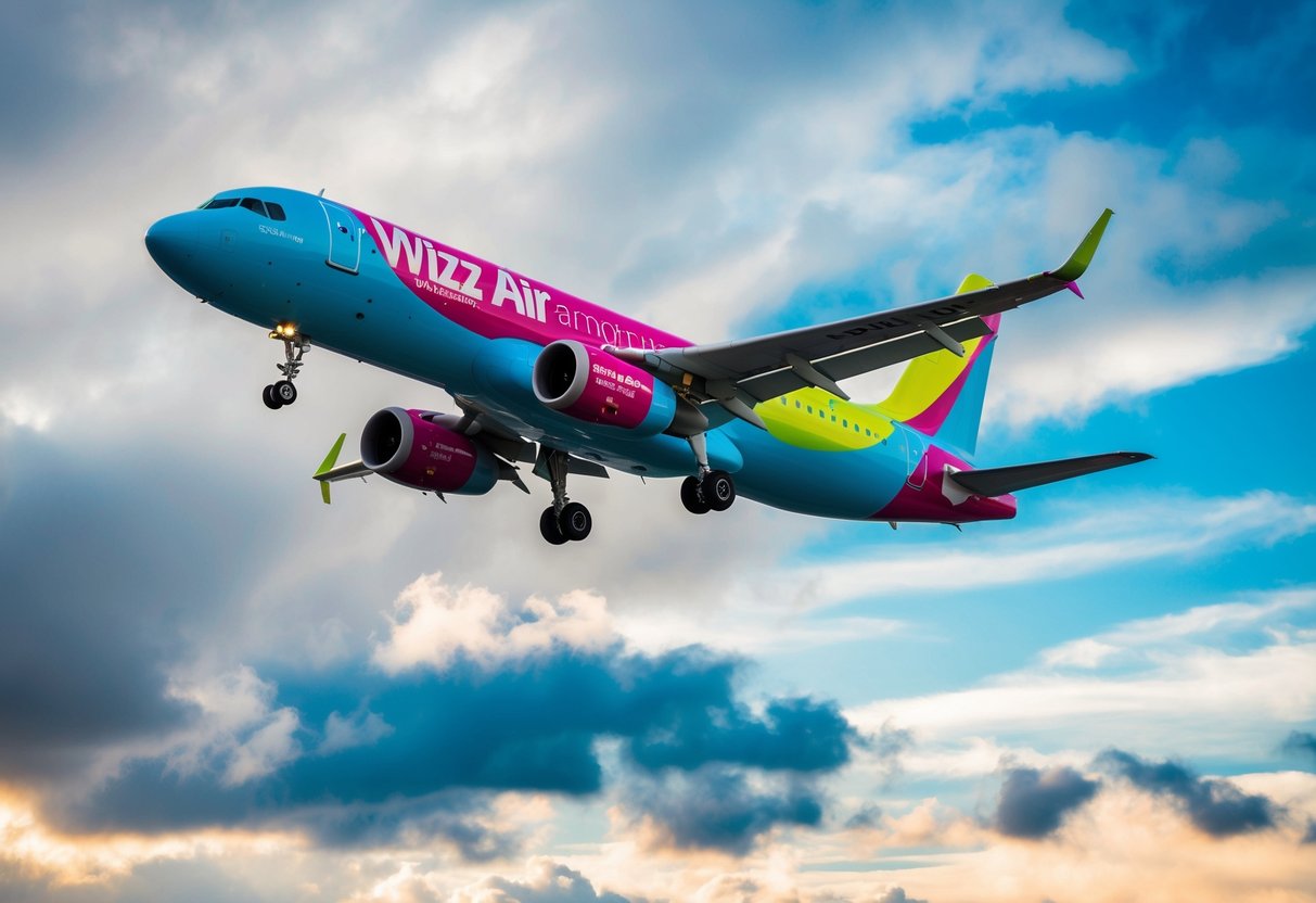 A colorful airplane flying through a sky filled with clouds, with a banner displaying "Wizz Air Discount Week" promotions