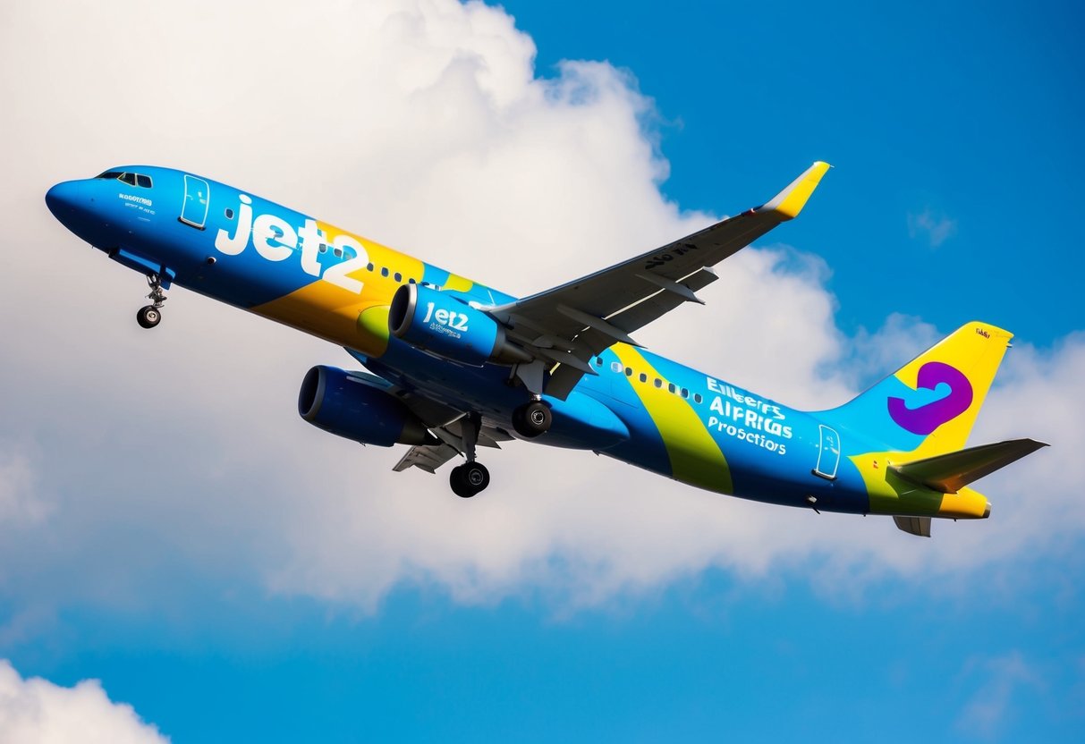 A colorful airplane flying through a bright blue sky with a banner advertising Jet2 Exclusive Offers budget airlines promotions