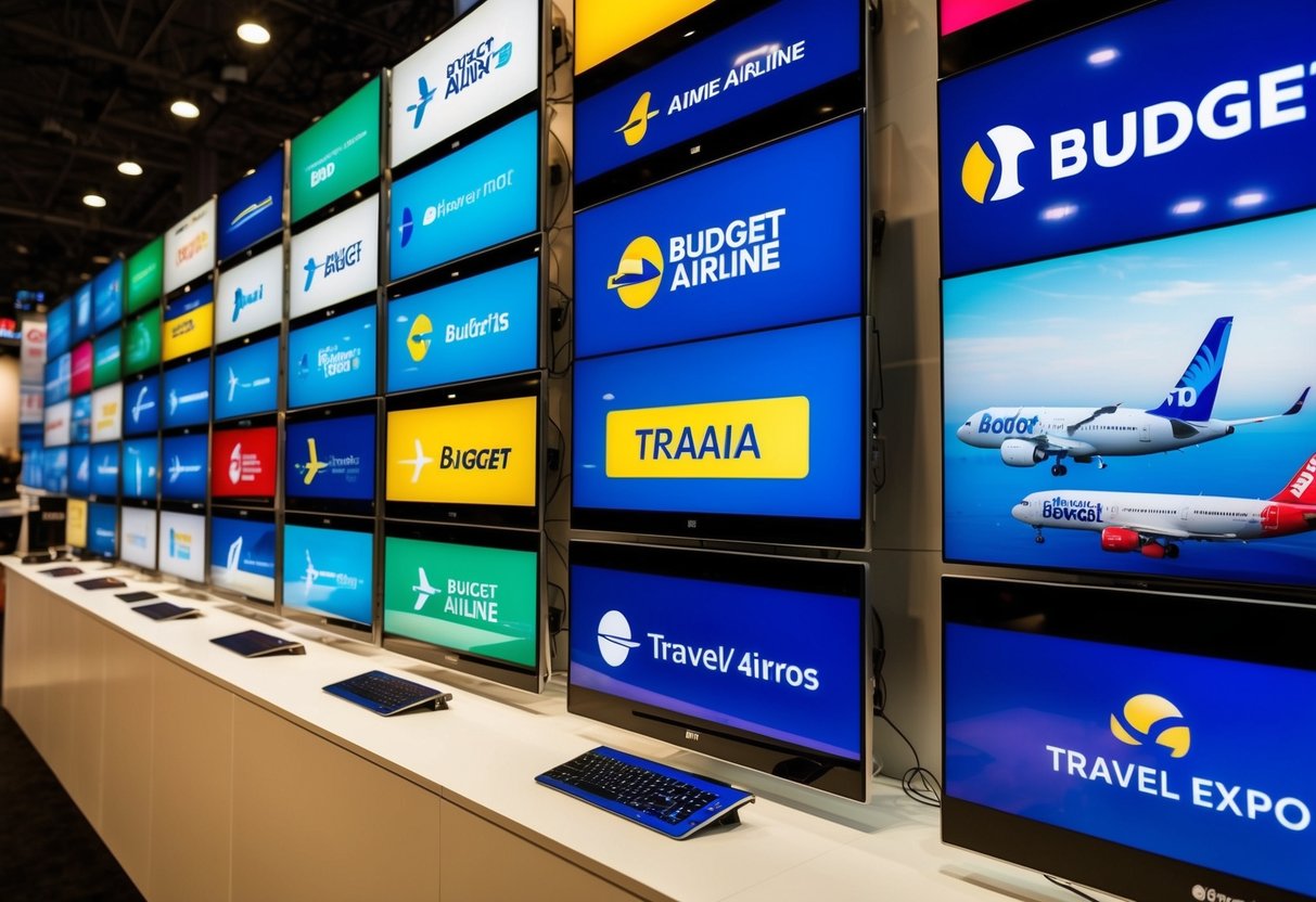 A colorful array of budget airline logos and destinations displayed on digital screens at a travel expo