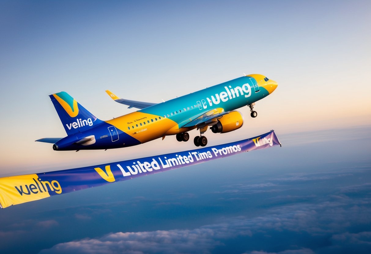 A colorful airplane soaring through the sky with a banner trailing behind, promoting Vueling Limited-Time Promos for budget airlines