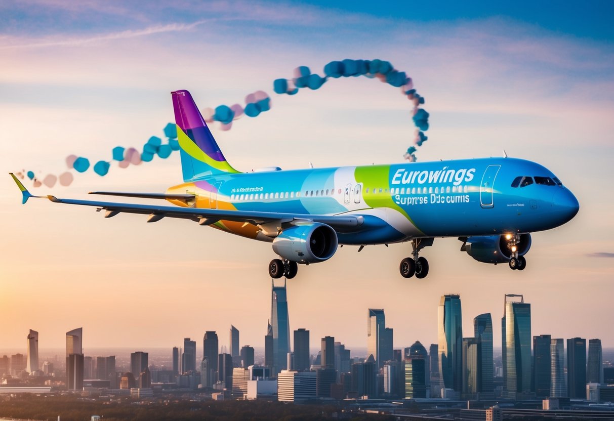 A colorful airplane flying over a city skyline with a promotional banner trailing behind, showcasing the Eurowings Surprise Discounts for budget airlines