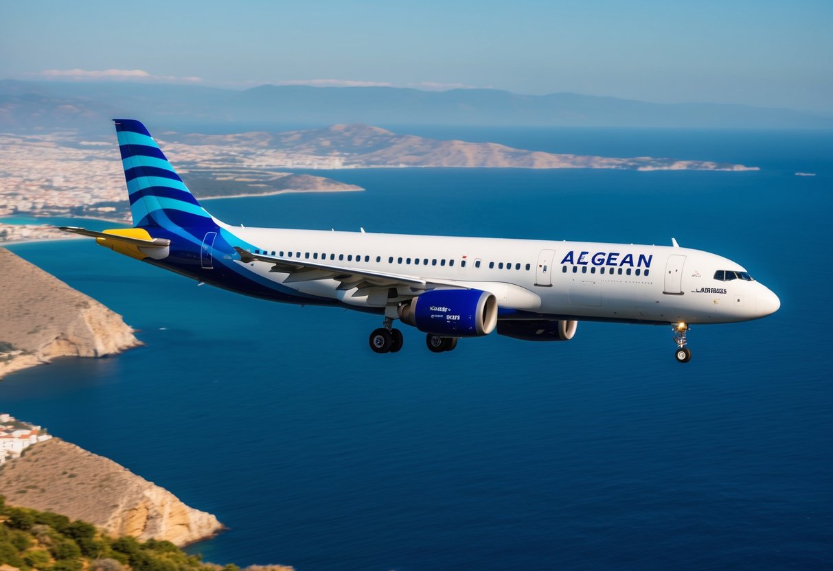 A vibrant airplane soaring over a picturesque Aegean coastline, with a prominent Aegean Airlines logo displayed on the aircraft's tail