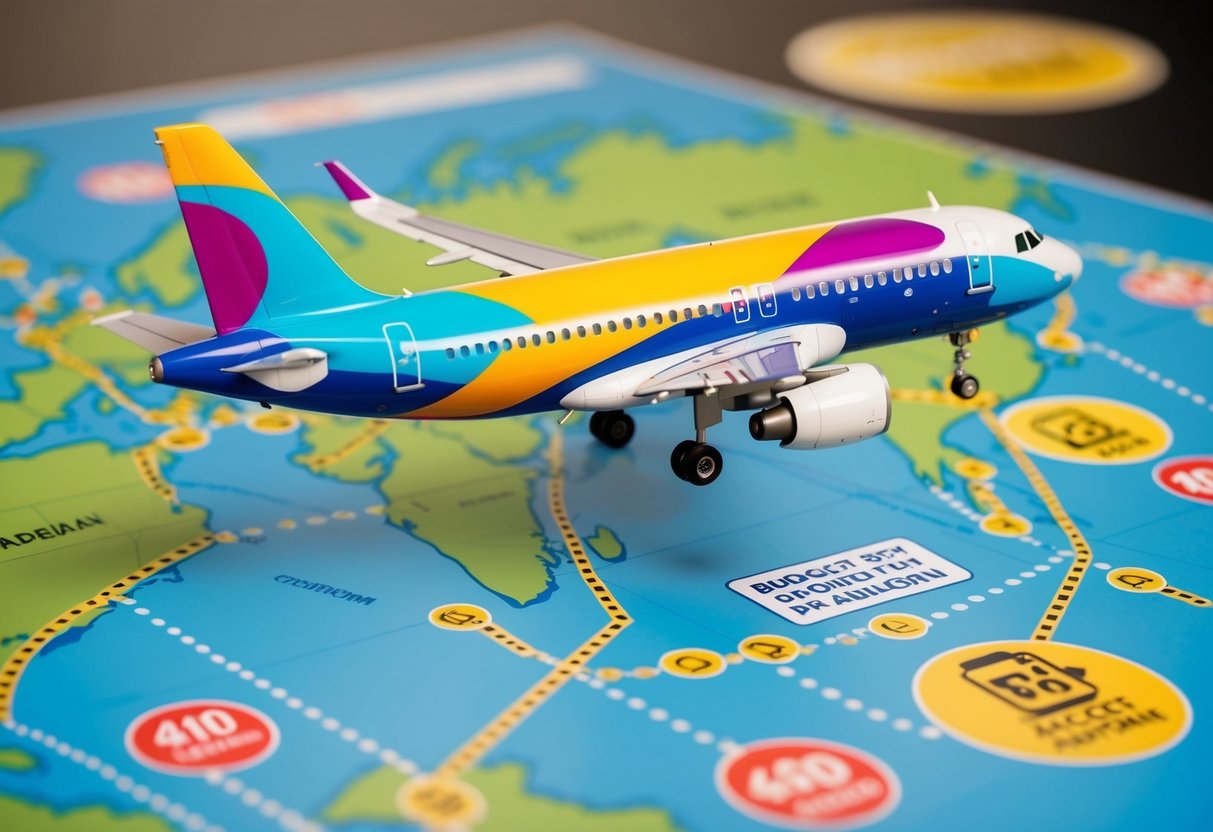 A colorful airplane flying over a map with dotted lines indicating budget airline routes. Various promotional signs and symbols surround the map