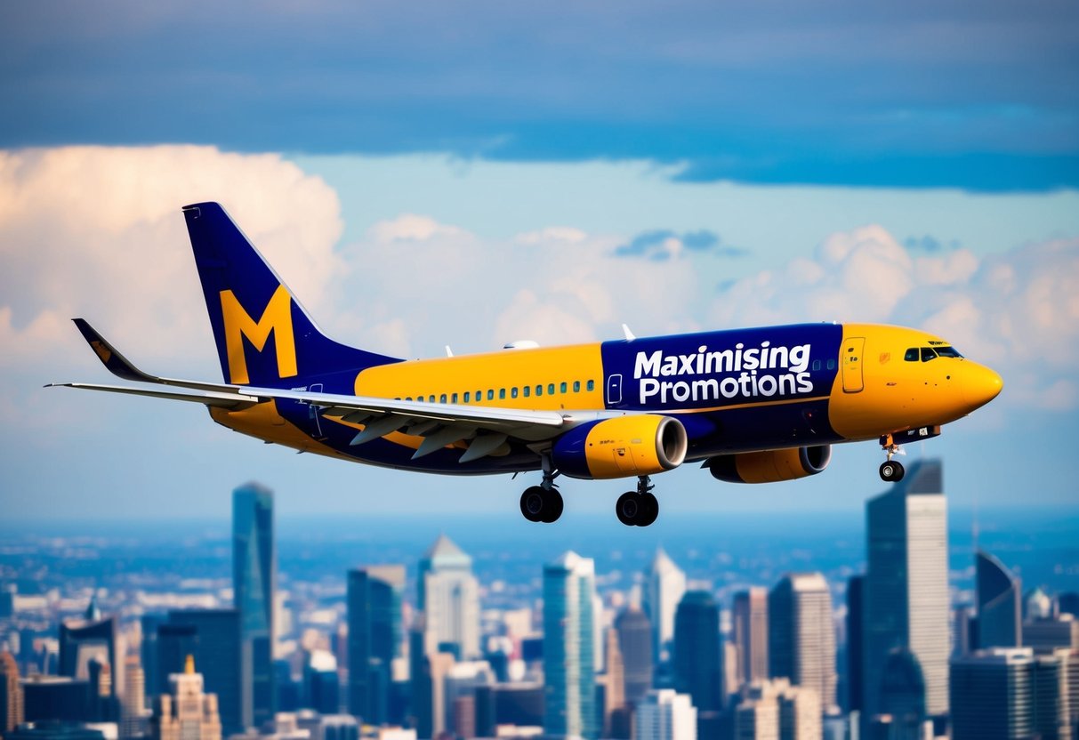 A vibrant airplane soaring above a city skyline with a bold "Maximising Promotions" logo displayed on its tail fin