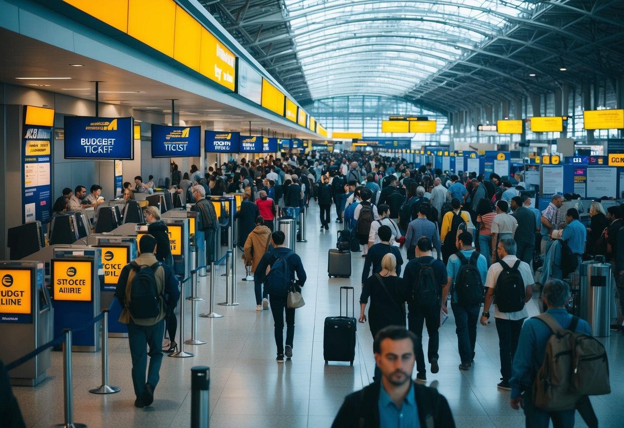 A crowded airport terminal with people lining up at budget airline ticket counters and promotional banners displayed throughout the area