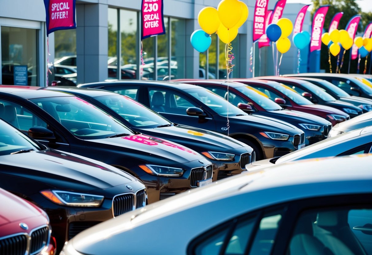 A row of shiny cars lined up in front of a dealership, with colorful banners and balloons promoting special offers
