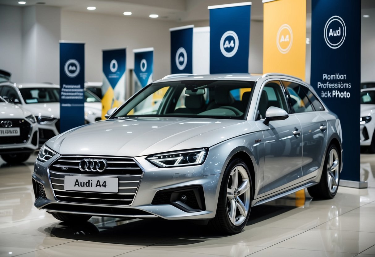 An Audi A4 parked in a showroom surrounded by promotional banners and sales materials