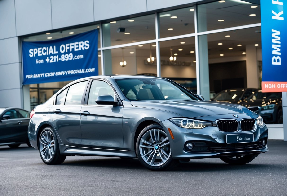 A sleek BMW 3 Series parked in front of a dealership with a large banner advertising special offers. Bright lights and a polished exterior convey luxury and exclusivity