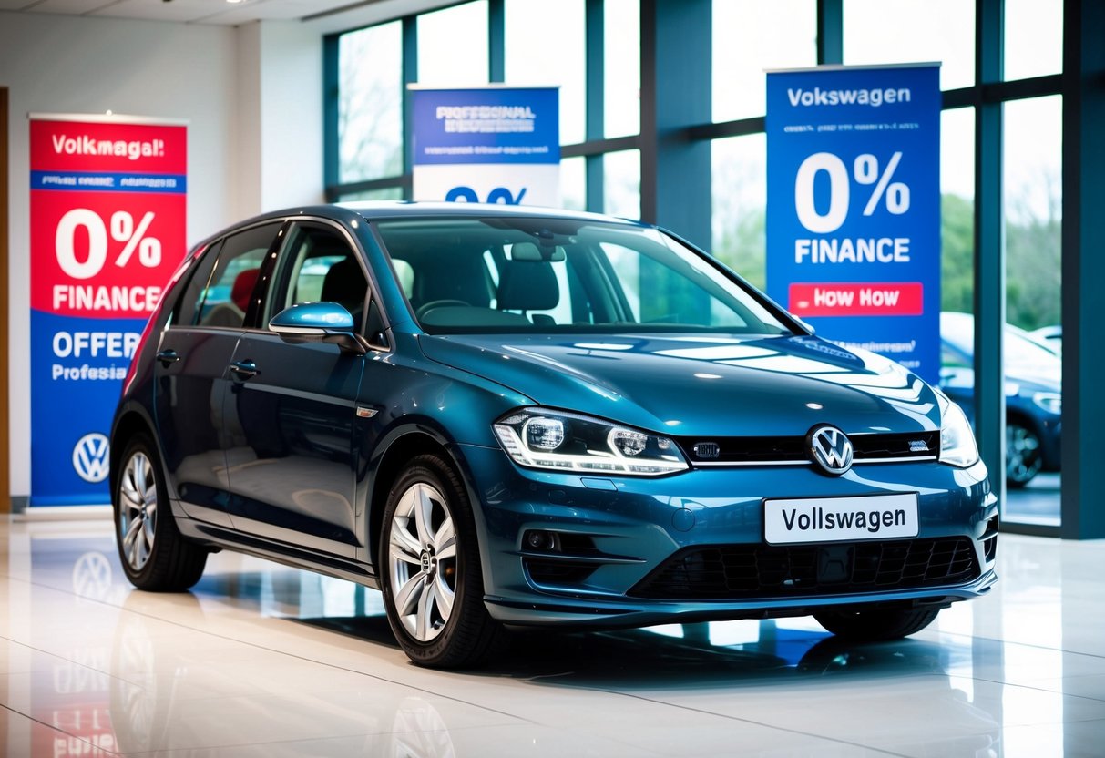 A Volkswagen Golf parked in a showroom, surrounded by promotional banners and signs advertising 0% finance offers