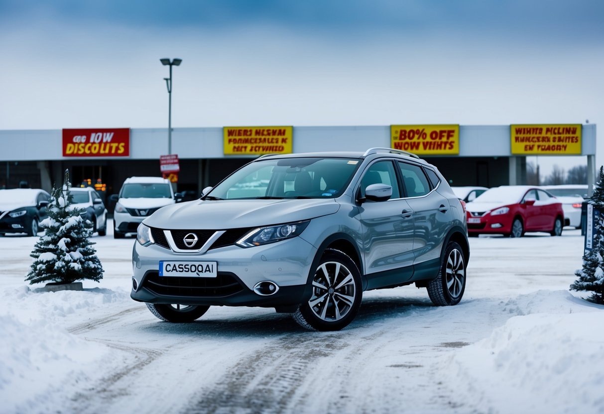 A Nissan Qashqai parked in a snow-covered lot, surrounded by winter-themed decorations and signs advertising discounts and promotions