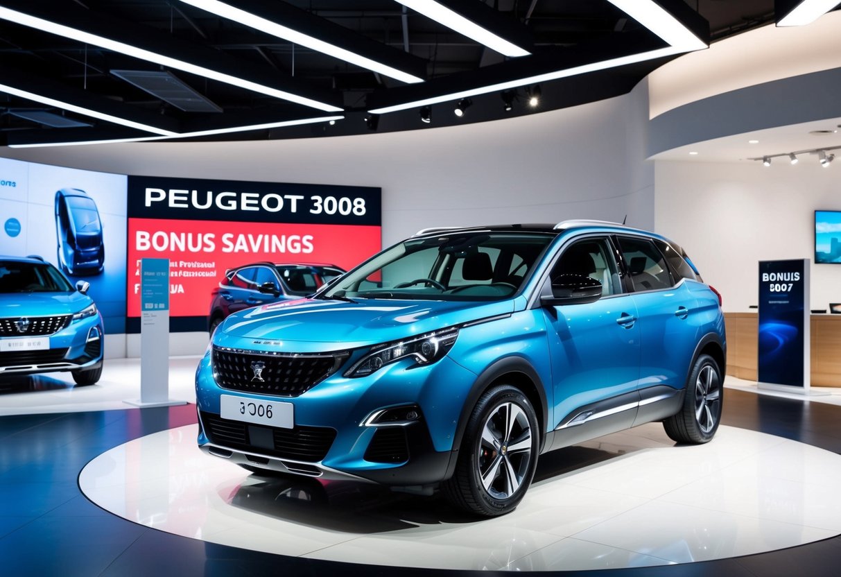 A Peugeot 3008 Bonus Savings car promotion with a sleek, modern car displayed in a showroom with bright lighting and promotional signage