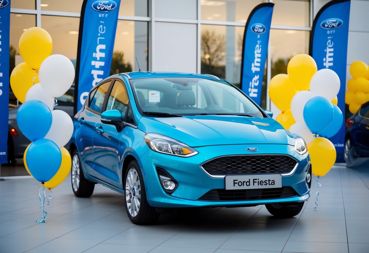 A Ford Fiesta Limited-Time Offer display surrounded by promotional banners and balloons at a car dealership