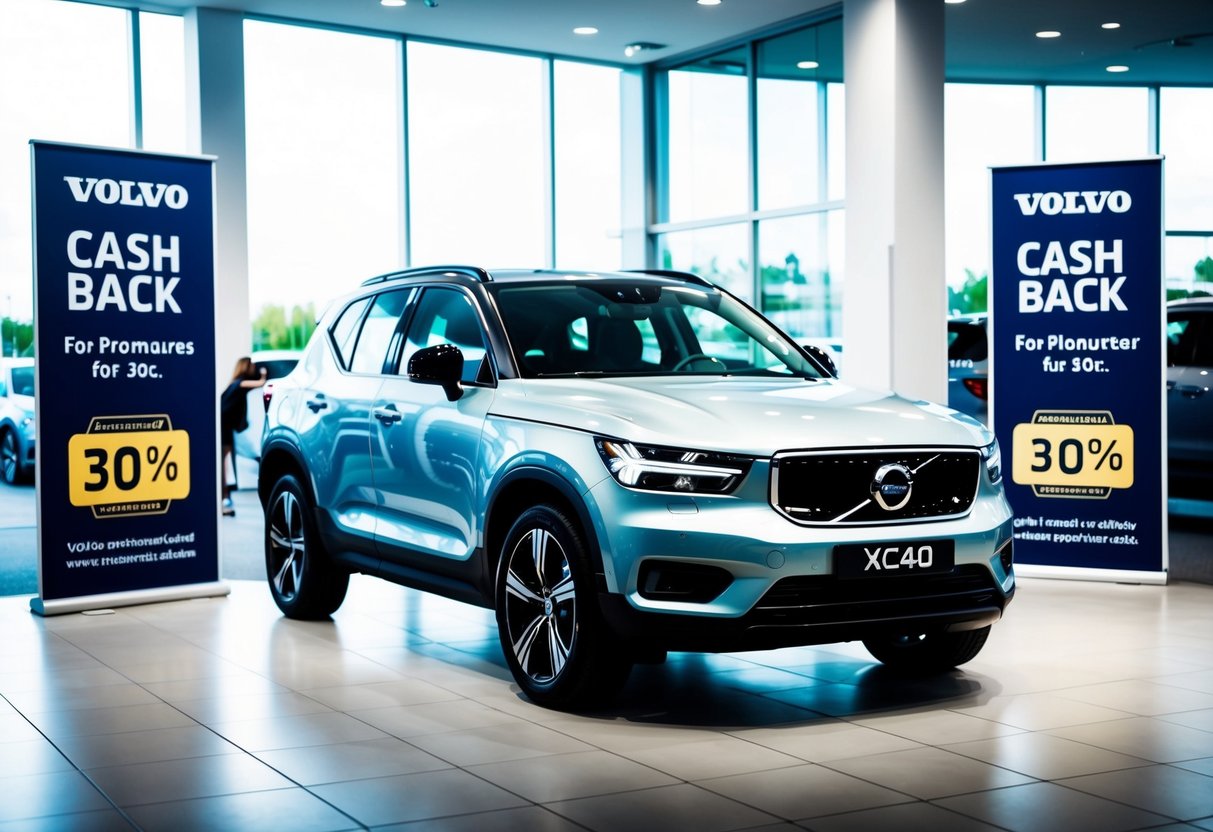 A Volvo XC40 surrounded by promotional cashback signs in a dealership showroom