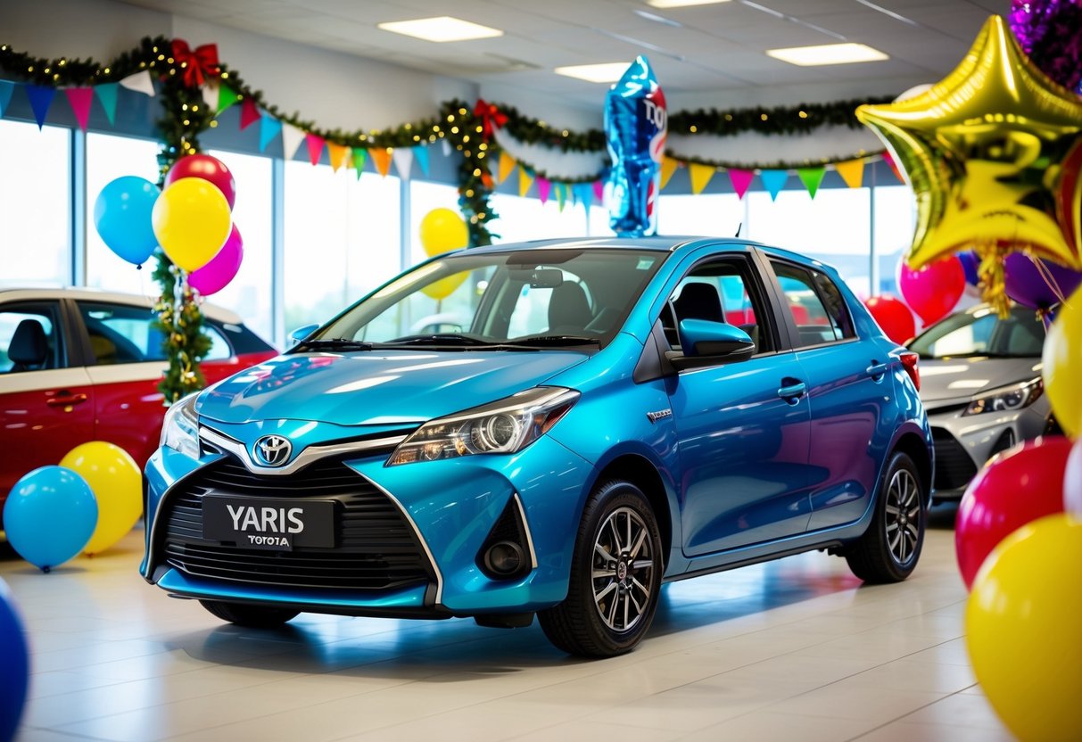 A Toyota Yaris surrounded by festive decorations at a dealership, with bright sale signs and balloons